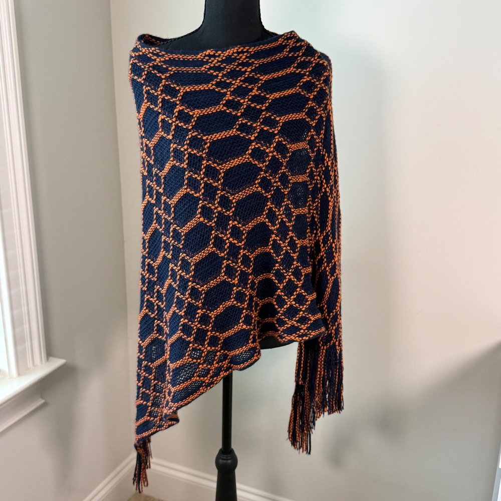 Two's Company Navy Orange Geometric Knit Fringe Asymmetrical Poncho Wrap Auburn
